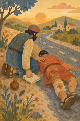Good Samaritan Helping Wounded Traveler