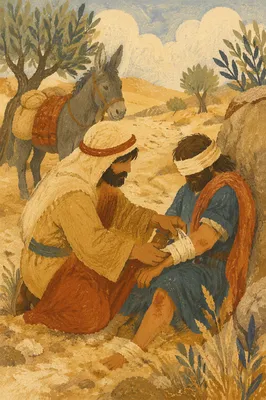 Good Samaritan Bandaging Wounded Traveler