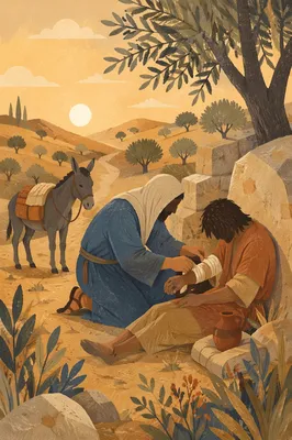 Good Samaritan Tending Wounded Traveler