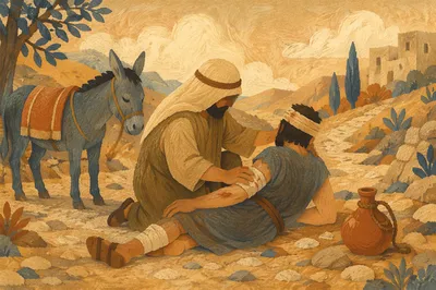 Good Samaritan Tending Wounded Traveler