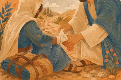 Good Samaritan Bandaging Wounded Traveler