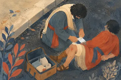 Good Samaritan Bandaging Wounded Traveler Roadside