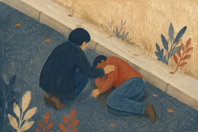 Good Samaritan Comforting Wounded Traveler Roadside