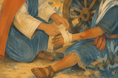 Good Samaritan Bandaging Wounded Traveler