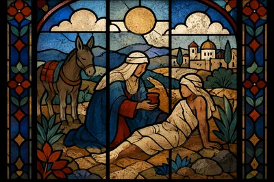 Good Samaritan Roadside Rescue Stained Glass