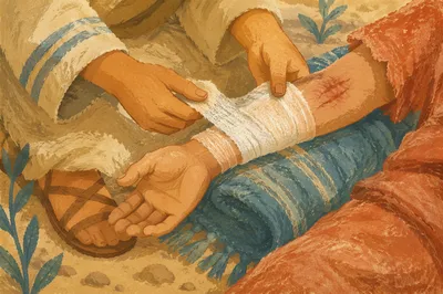 Good Samaritan Bandaging Wounded Traveler