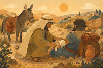 Good Samaritan Showing Mercy on Desert Road