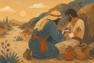 Good Samaritan Bandaging Wounded Traveler