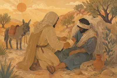 Good Samaritan Bandaging Wounded Traveler
