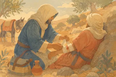 Good Samaritan Bandaging Wounded Traveler