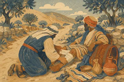 Good Samaritan Bandaging Wounded Traveler