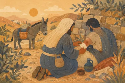 Good Samaritan Bandaging Wounded Traveler