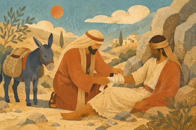 Good Samaritan Tending Wounded Traveler