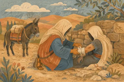 Good Samaritan Bandaging Wounded Traveler