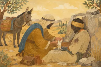 Good Samaritan Bandaging Wounded Traveler