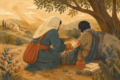 Good Samaritan Bandaging Wounded Traveler