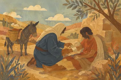 Good Samaritan Tending Wounded Traveler