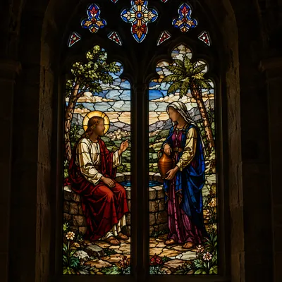 Gothic Stained Glass Samaritan Woman Scene