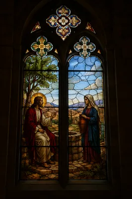 Gothic Stained Glass Jesus and Samaritan Woman