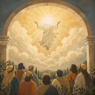 Jesus Ascending in Glory Above Disciples