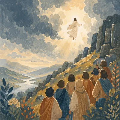 Jesus Ascending Above Clouds and Disciples