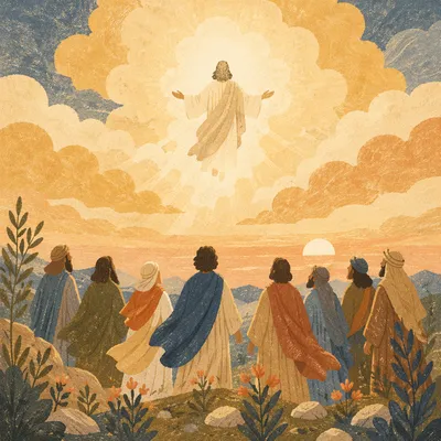 Jesus Ascending at Dawn Above Disciples
