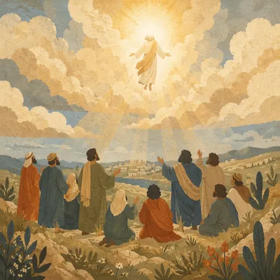 Jesus Ascending Above Clouds at Dawn