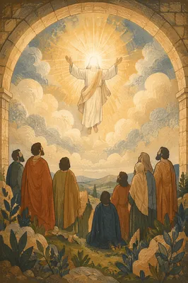 Jesus Ascending Above Clouds Before Disciples