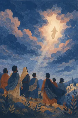 Jesus Ascending Above Clouds at Dusk
