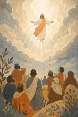 Jesus Ascending Above Disciples at Dawn