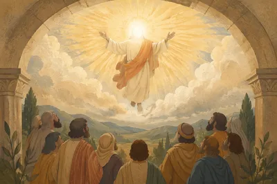 Jesus Ascending in Glory Above Disciples