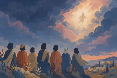 Jesus Ascending Above Clouds at Dusk