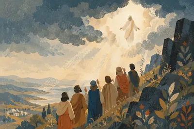 Jesus Ascending Above Clouds and Disciples