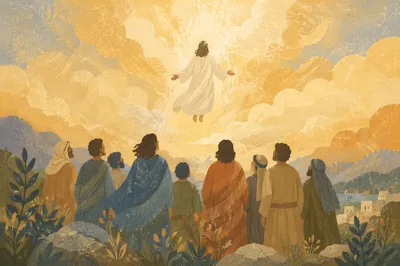 Jesus Ascending at Dawn Above Disciples