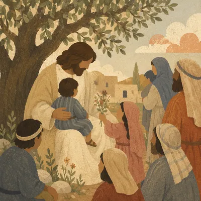 Jesus Blessing Little Children Beneath Olive Tree