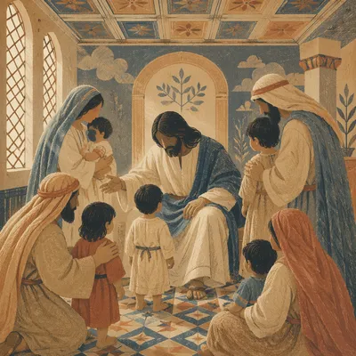Jesus Blessing Little Children in Ancient Hall