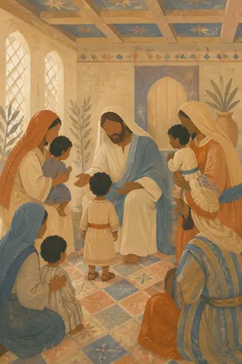 Jesus Blessing Little Children in Ancient Hall