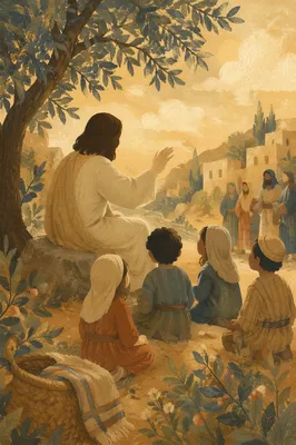 Jesus Blessing Little Children at Sunset
