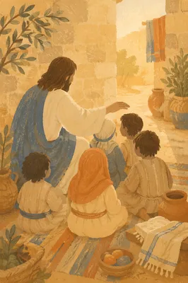 Jesus Blessing Little Children at Sunset