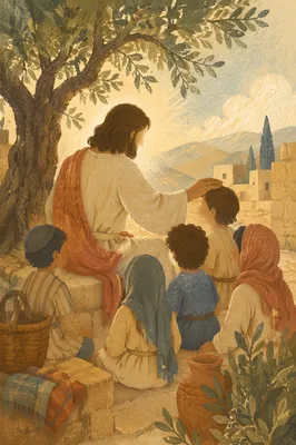 Jesus Blessing Children in Golden Courtyard