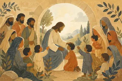 Jesus Blessing Little Children Under Stone Arch