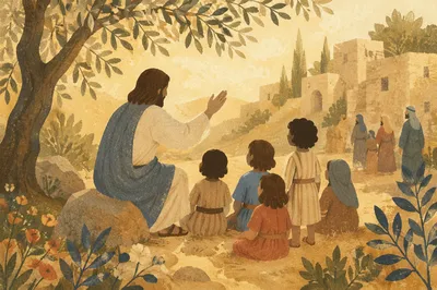 Jesus Blessing Little Children at Sunset
