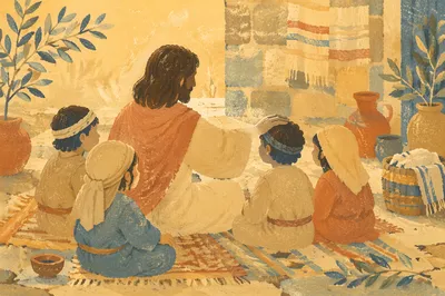 Jesus Blessing Children in Golden Courtyard
