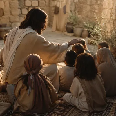Jesus Blessing Children in Golden Courtyard