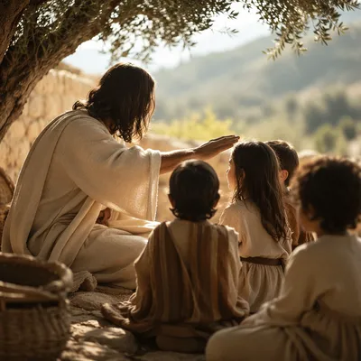 Jesus Blessing Children in Golden Courtyard