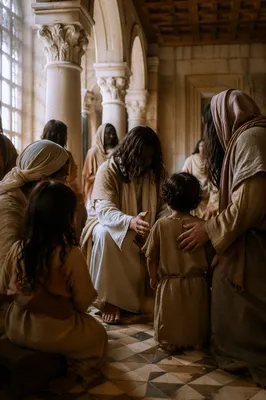 Jesus Blessing Little Children in Ancient Hall