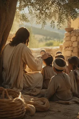 Jesus Blessing Children in Sunlit Courtyard