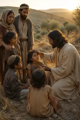 Man Blessing Children in Sunlit Meadow
