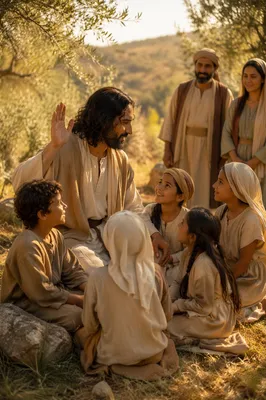 Man Blessing Children in Hillside Meadow