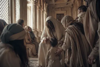 Jesus Blessing Little Children in Ancient Hall
